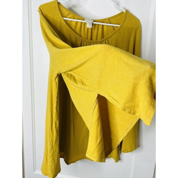Chicos Womens Shirt Sz 3 Bell Sleeve Yellow Linen Rayon Blend Pleated Neckline - Picture 3 of 10